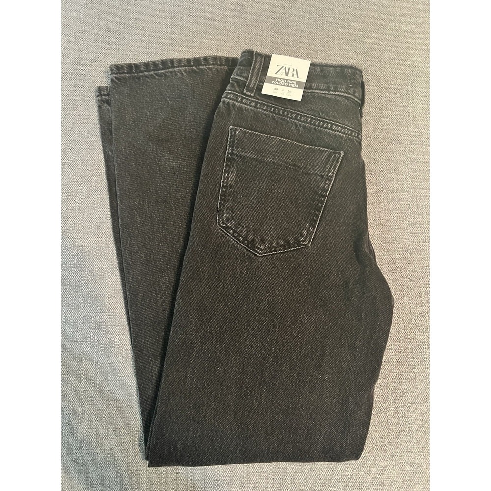 Zara High Rise Folded Hem Jeans Women's SZ 4 Black Denim Bikercore‎ Grunge NWT